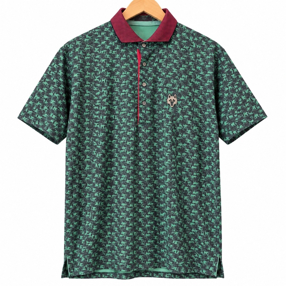 Greyson Golf Polo Mens L Green Burgundy Monkey Print Performance Stretch Shirt